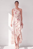 Apricot One Shoulder Chiffon A-Line Maxi Floral Wedding Guest Dress with Ruffles