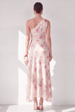Apricot One Shoulder Chiffon A-Line Maxi Floral Wedding Guest Dress with Ruffles