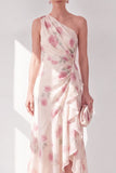Apricot One Shoulder Chiffon A-Line Maxi Floral Wedding Guest Dress with Ruffles