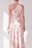 Apricot One Shoulder Chiffon A-Line Maxi Floral Wedding Guest Dress with Ruffles