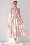 Apricot Strapless Chiffon Ruched A-Line Midi Floral Wedding Guest Dress
