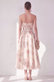 Apricot Strapless Chiffon Ruched A-Line Midi Floral Wedding Guest Dress