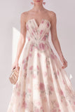 Apricot Strapless Chiffon Ruched A-Line Midi Floral Wedding Guest Dress