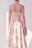 Apricot Strapless Chiffon Ruched A-Line Midi Floral Wedding Guest Dress