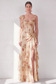 Apricot Mermaid Chiffon Ruched Corset Ruffled Floral Maxi Wedding Guest Dress with Slit