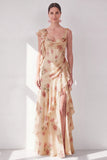 Apricot Mermaid Chiffon Ruched Corset Ruffled Floral Maxi Wedding Guest Dress with Slit