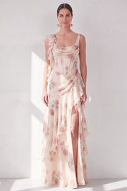 Apricot Mermaid Chiffon Ruched Corset Ruffled Floral Maxi Wedding Guest Dress with Slit