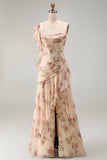 Apricot Mermaid Chiffon Ruched Corset Ruffled Floral Maxi Wedding Guest Dress with Slit