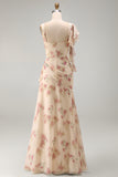 Apricot Mermaid Chiffon Ruched Corset Ruffled Floral Maxi Wedding Guest Dress with Slit