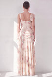 Apricot Mermaid Chiffon Ruched Corset Ruffled Floral Maxi Wedding Guest Dress with Slit