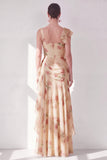 Apricot Mermaid Chiffon Ruched Corset Ruffled Floral Maxi Wedding Guest Dress with Slit