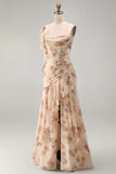 Apricot Mermaid Chiffon Ruched Corset Ruffled Floral Maxi Wedding Guest Dress with Slit