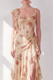 Apricot Mermaid Chiffon Ruched Corset Ruffled Floral Maxi Wedding Guest Dress with Slit