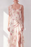 Apricot Mermaid Chiffon Ruched Corset Ruffled Floral Maxi Wedding Guest Dress with Slit