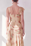 Apricot Mermaid Chiffon Ruched Corset Ruffled Floral Maxi Wedding Guest Dress with Slit