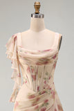 Apricot Mermaid Chiffon Ruched Corset Ruffled Floral Maxi Wedding Guest Dress with Slit