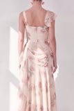 Apricot Mermaid Chiffon Ruched Corset Ruffled Floral Maxi Wedding Guest Dress with Slit