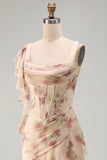 Apricot Mermaid Chiffon Ruched Corset Ruffled Floral Maxi Wedding Guest Dress with Slit