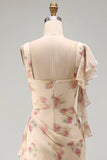 Apricot Mermaid Chiffon Ruched Corset Ruffled Floral Maxi Wedding Guest Dress with Slit