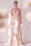 Apricot Mermaid Chiffon Spaghetti Straps Maxi Floral Wedding Guest Dress with Slit