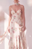 Apricot Mermaid Chiffon Spaghetti Straps Maxi Floral Wedding Guest Dress with Slit