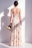 Apricot Floral A-Line Chiffon Ruched Long Bridesmaid Dress