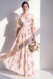 A-Line Apricot Floral Chiffon V-Neck Ruched Long Bridesmaid Dress with Flutter Sleeves