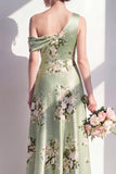 One Shoulder A-Line Sage Green Satin Floral Long Bridesmaid Dress