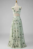A-Line Sage Green Satin V-Neck Floral Long Bridesmaid Dress with Slit