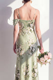 Satin Sage Green Mermaid Floral Spaghetti Straps Long Bridesmaid Dress