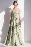 A-Line Satin Sage Green Floral Strapless Ruched Long Bridesmaid Dress