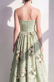A-Line Satin Sage Green Floral Strapless Ruched Long Bridesmaid Dress