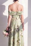 Off the Shoulder A-Line Satin Sage Green Floral Long Bridesmaid Dress