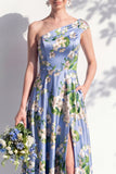 One Shoulder Blue Floral A Line Bridesmaid Dress with Slit