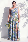 One Shoulder Blue Floral A Line Bridesmaid Dress with Slit