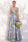 Blue Floral Spaghetti Straps A Line Bridesmaid Dress