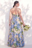 Blue Floral Spaghetti Straps A Line Bridesmaid Dress
