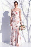 Ivory Red Floral Spaghetti Straps Sheath Bridesmaid Dress with Slit