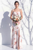 Ivory Red Floral Spaghetti Straps Sheath Bridesmaid Dress with Slit