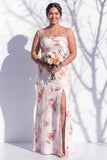 Ivory Red Floral Spaghetti Straps Sheath Bridesmaid Dress with Slit