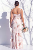 Ivory Red Floral Spaghetti Straps Sheath Bridesmaid Dress with Slit