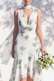 Green Floral Mermaid V Neck Bridesmaid Dress with Scarf