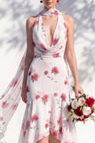 Green Floral Mermaid V Neck Bridesmaid Dress with Scarf