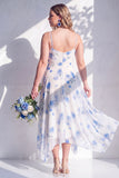 Green Floral A Line Cowl Neck Bridesmaid Dress