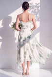 Green Floral A Line Cowl Neck Bridesmaid Dress