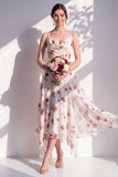 Green Floral A Line Cowl Neck Bridesmaid Dress