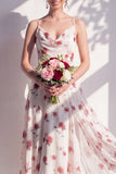 Green Floral A Line Cowl Neck Bridesmaid Dress
