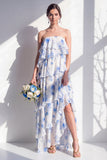 Strapless Tiered Green Floral A Line Bridesmaid Dress