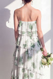Strapless Tiered Green Floral A Line Bridesmaid Dress