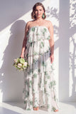 Strapless Tiered Green Floral A Line Bridesmaid Dress